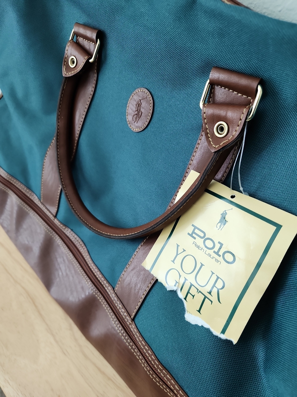 Vintage Polo Ralph Lauren Teal and Brown Canvas & Leather Travel Duffel - Picture 2 of 6